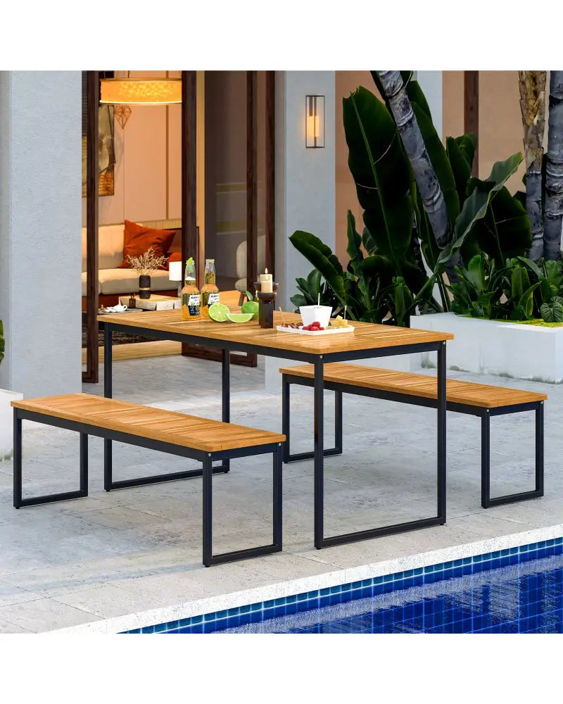Set of 2 Patio Dining Bench for 2-3 Person Indoor Outdoor - Natural - Outdoor Benches