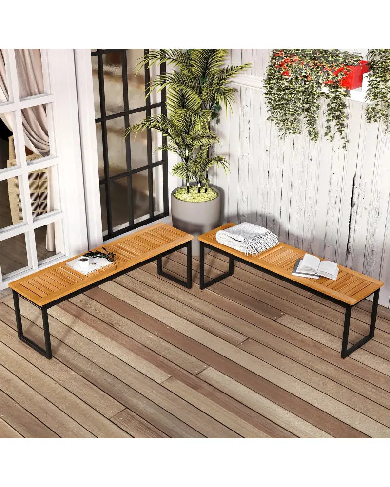 Set of 2 Patio Dining Bench for 2-3 Person Indoor Outdoor - Natural - Outdoor Benches