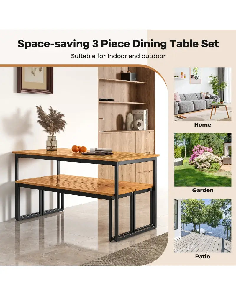 Set of 2 Patio Dining Bench for 2-3 Person Indoor Outdoor - Natural - Outdoor Benches
