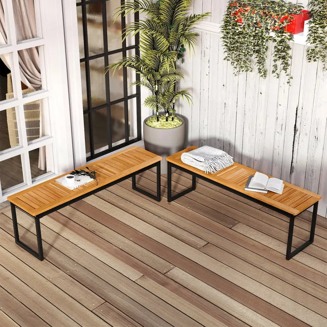 Set of 2 Patio Dining Bench for 2-3 Person Indoor Outdoor - Natural - Outdoor Benches