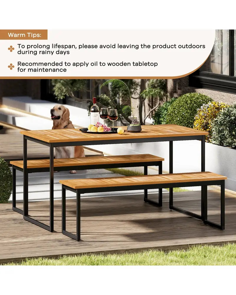 Set of 2 Patio Dining Bench for 2-3 Person Indoor Outdoor - Natural - Outdoor Benches