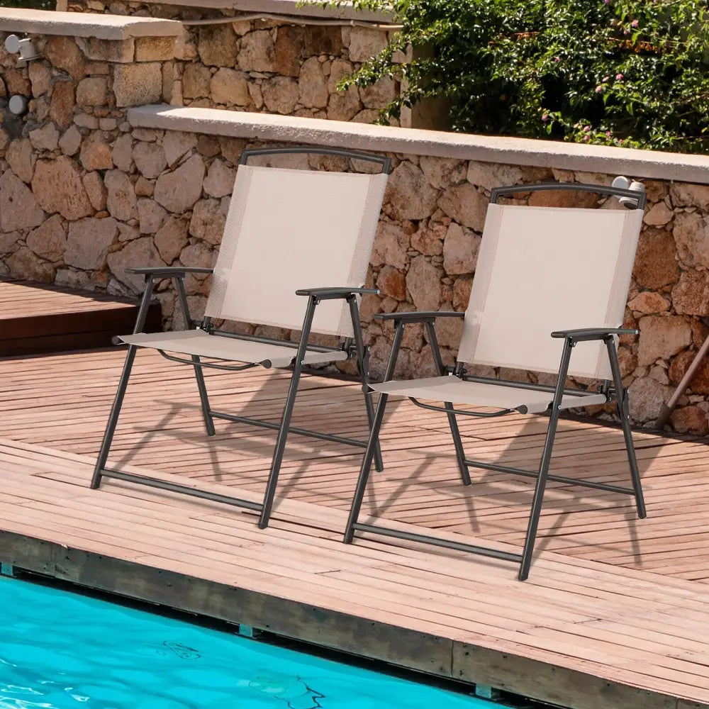 Set of 2 Patio Dining Chairs with Armrests and Rustproof Steel Frame-Beige - Beige - Patio Dining Chairs