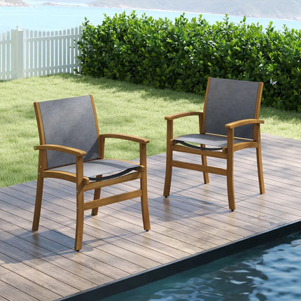 Set of 2 Patio Dining Chairs with Breathable Fabric and Acacia Wood Frame - Gray - Patio Dining Chairs