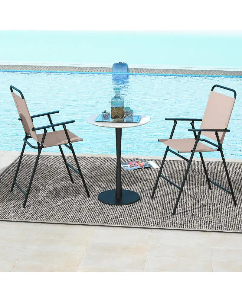 Set of 2 Patio Folding Bar-Height Chairs with Armrests and Quick-Drying Seat-Beige - Beige - Patio Bar Furniture