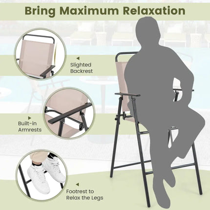 Set of 2 Patio Folding Bar-Height Chairs with Armrests and Quick-Drying Seat-Beige - Beige - Patio Bar Furniture