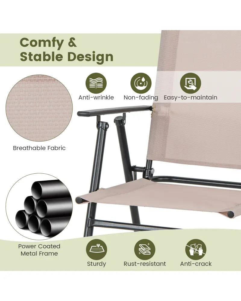Set of 2 Patio Folding Bar-Height Chairs with Armrests and Quick-Drying Seat-Beige - Beige - Patio Bar Furniture