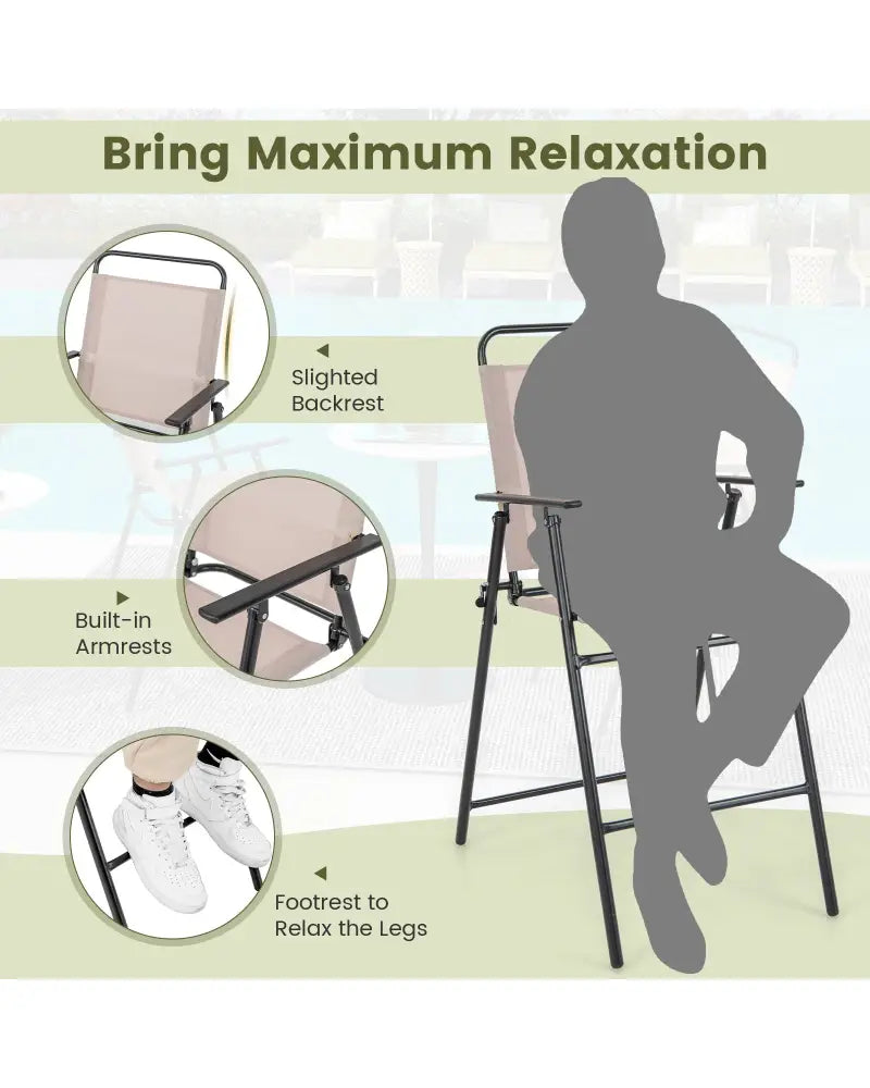 Set of 2 Patio Folding Bar-Height Chairs with Armrests and Quick-Drying Seat-Beige - Beige - Patio Bar Furniture