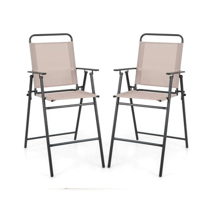 Set of 2 Patio Folding Bar-Height Chairs with Armrests and Quick-Drying Seat-Beige - Beige - Patio Bar Furniture