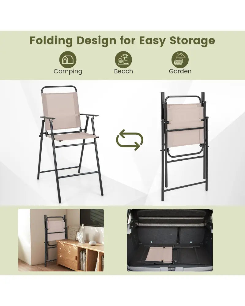 Set of 2 Patio Folding Bar-Height Chairs with Armrests and Quick-Drying Seat-Beige - Beige - Patio Bar Furniture