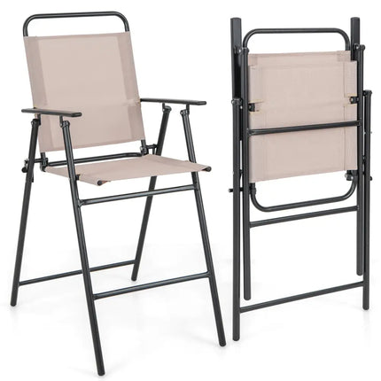 Set of 2 Patio Folding Bar-Height Chairs with Armrests and Quick-Drying Seat-Beige - Beige - Patio Bar Furniture