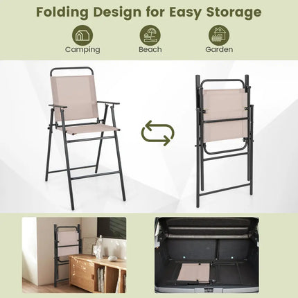 Set of 2 Patio Folding Bar-Height Chairs with Armrests and Quick-Drying Seat-Beige - Beige - Patio Bar Furniture
