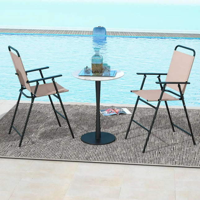 Set of 2 Patio Folding Bar-Height Chairs with Armrests and Quick-Drying Seat-Beige - Beige - Patio Bar Furniture