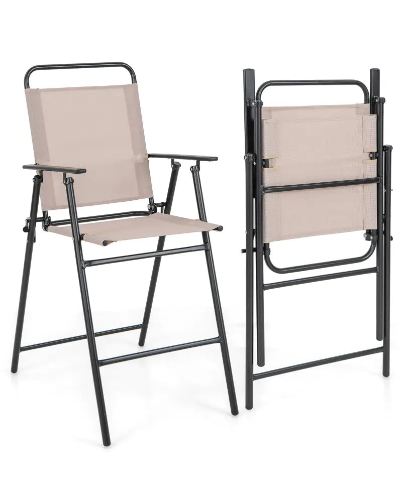 Set of 2 Patio Folding Bar-Height Chairs with Armrests and Quick-Drying Seat-Beige - Beige - Patio Bar Furniture