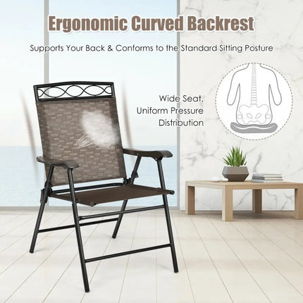 Set of 2 Patio Folding Chairs Sling Portable Dining Chair Set with Armrest - Brown - Patio Dining Chairs