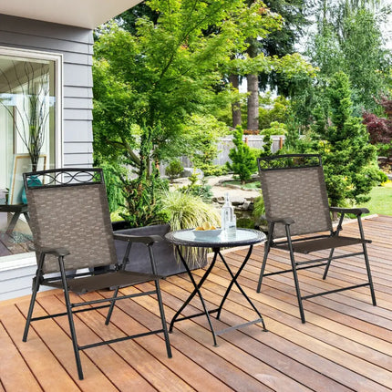 Set of 2 Patio Folding Chairs Sling Portable Dining Chair Set with Armrest - Brown - Patio Dining Chairs