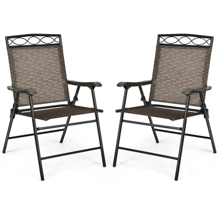 Set of 2 Patio Folding Chairs Sling Portable Dining Chair Set with Armrest - Brown - Patio Dining Chairs