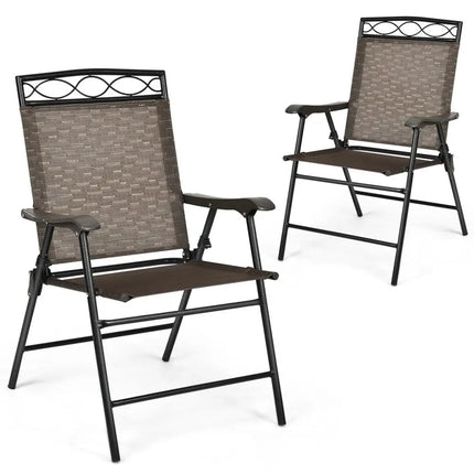 Set of 2 Patio Folding Chairs Sling Portable Dining Chair Set with Armrest - Brown - Patio Dining Chairs