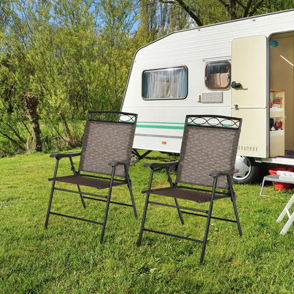 Set of 2 Patio Folding Chairs Sling Portable Dining Chair Set with Armrest - Brown - Patio Dining Chairs
