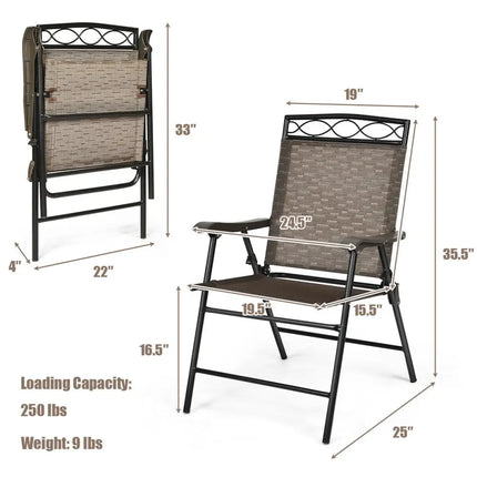 Set of 2 Patio Folding Chairs Sling Portable Dining Chair Set with Armrest - Brown - Patio Dining Chairs