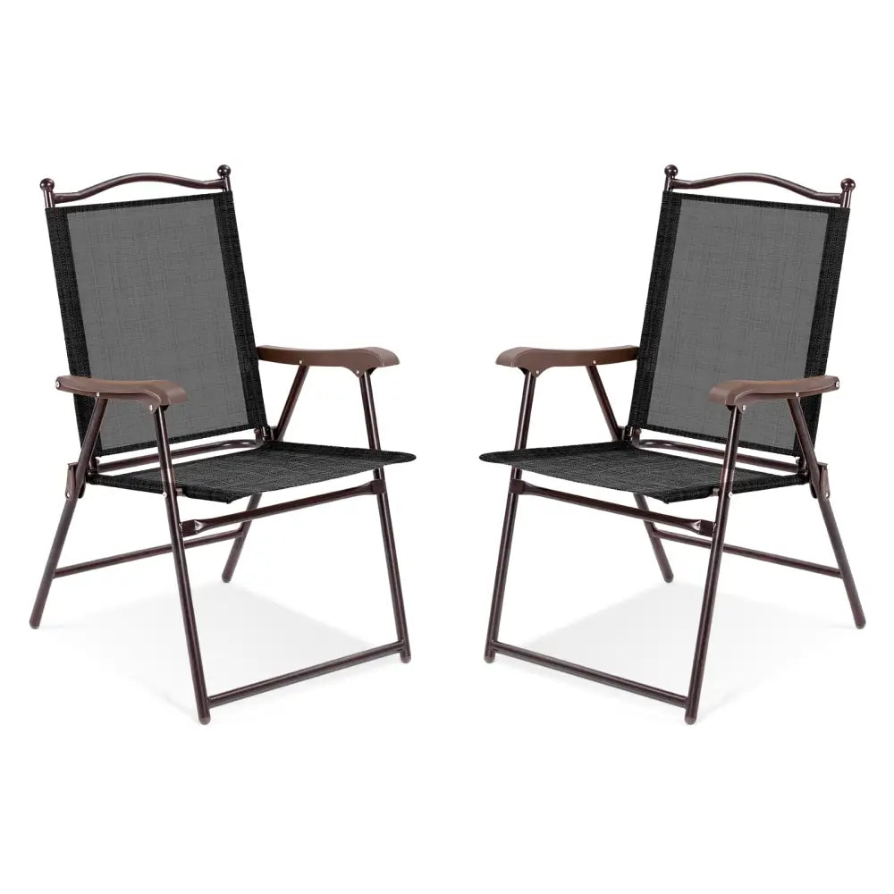 Set of 2 Patio Folding Sling Back Camping Deck Chairs-Coffee - Brown - Patio Dining Chairs