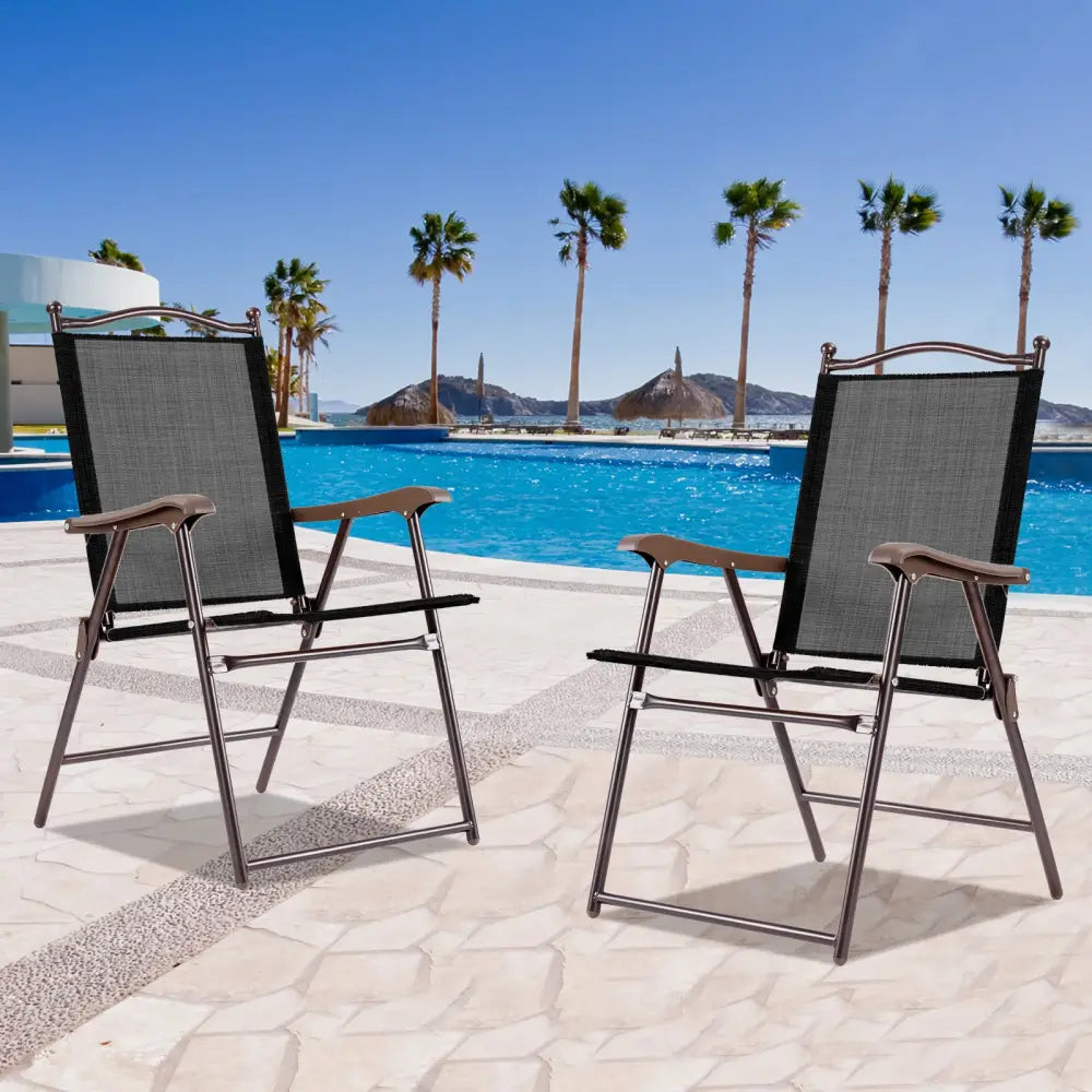 Set of 2 Patio Folding Sling Back Camping Deck Chairs-Coffee - Brown - Patio Dining Chairs