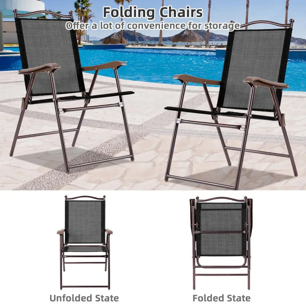 Set of 2 Patio Folding Sling Back Camping Deck Chairs-Coffee - Brown - Patio Dining Chairs