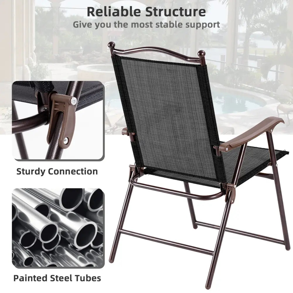 Set of 2 Patio Folding Sling Back Camping Deck Chairs-Coffee - Brown - Patio Dining Chairs