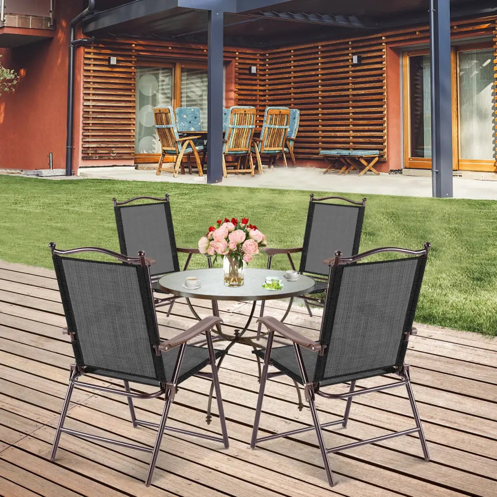Set of 2 Patio Folding Sling Back Camping Deck Chairs-Coffee - Brown - Patio Dining Chairs