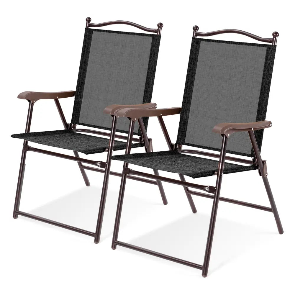 Set of 2 Patio Folding Sling Back Camping Deck Chairs-Coffee - Brown - Patio Dining Chairs