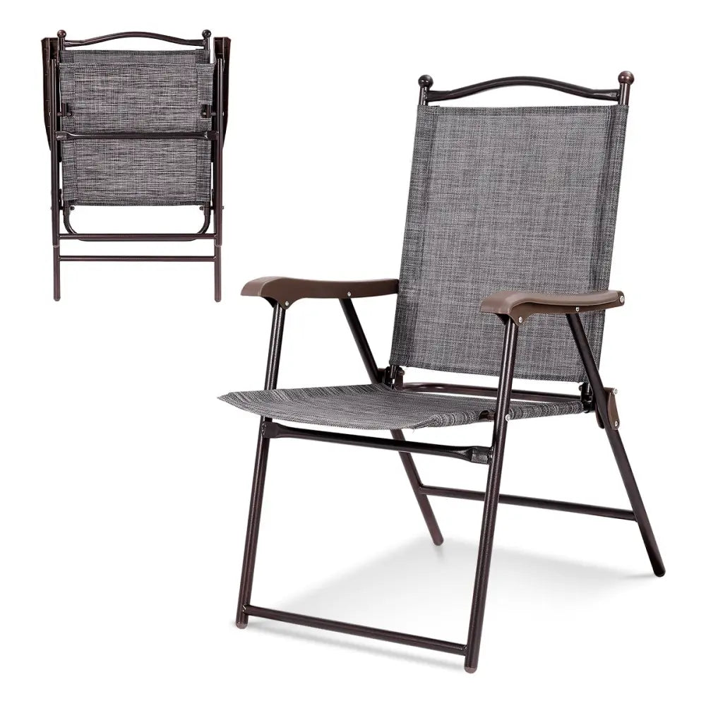 Set of 2 Patio Folding Sling Back Camping Deck Chairs-Gray - Gray - Patio Dining Chairs