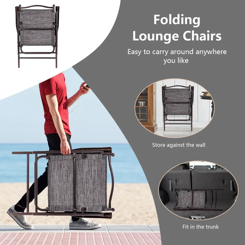 Set of 2 Patio Folding Sling Back Camping Deck Chairs-Gray - Gray - Patio Dining Chairs