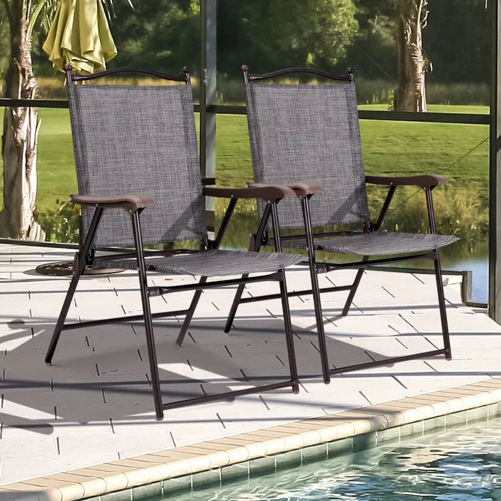 Set of 2 Patio Folding Sling Back Camping Deck Chairs-Gray - Gray - Patio Dining Chairs