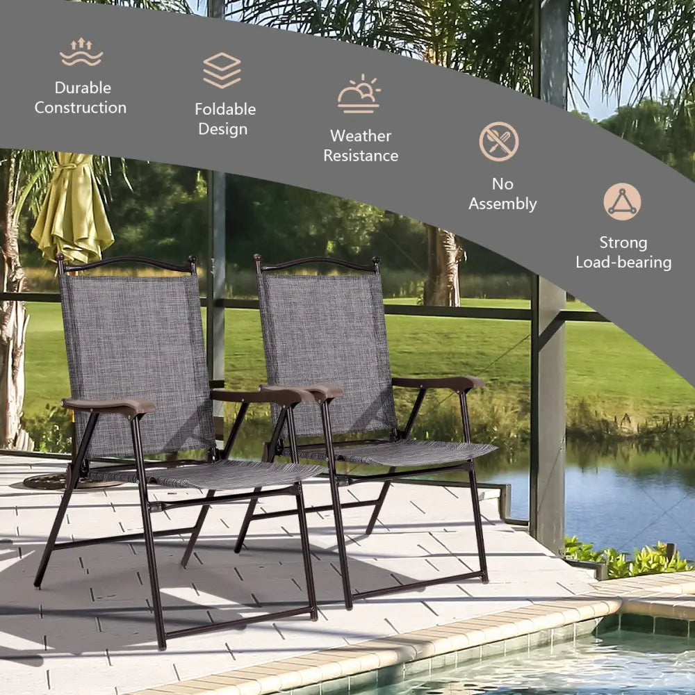 Set of 2 Patio Folding Sling Back Camping Deck Chairs-Gray - Gray - Patio Dining Chairs