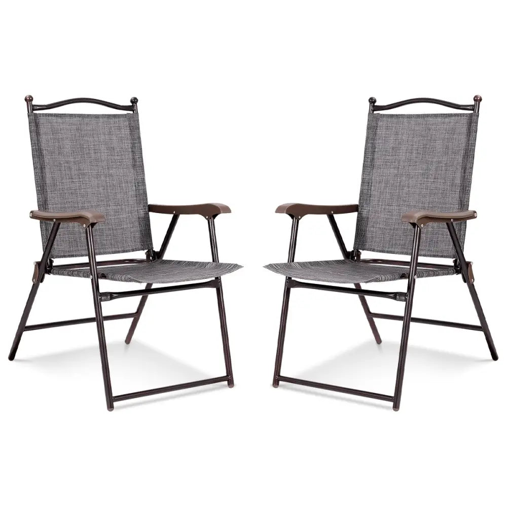 Set of 2 Patio Folding Sling Back Camping Deck Chairs-Gray - Gray - Patio Dining Chairs