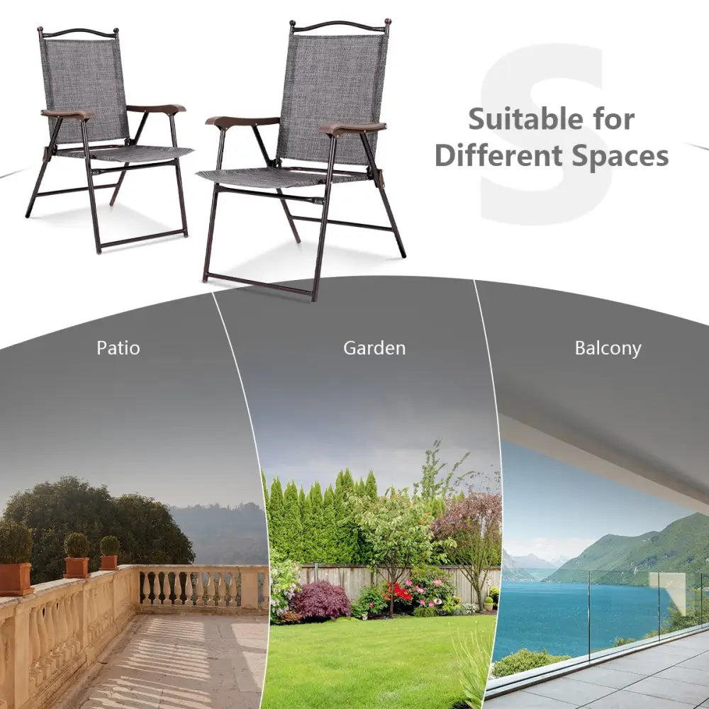 Set of 2 Patio Folding Sling Back Camping Deck Chairs-Gray - Gray - Patio Dining Chairs