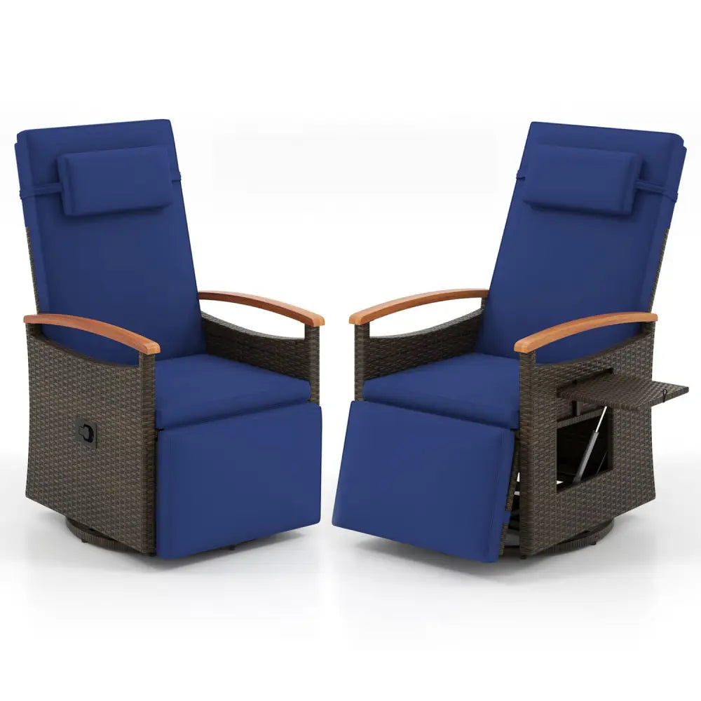 Set of 2 Patio Rattan 360° Swivel Recliner Chair with Adjustable Backrest and Footrest-Navy - Navy - Outdoor Chaise