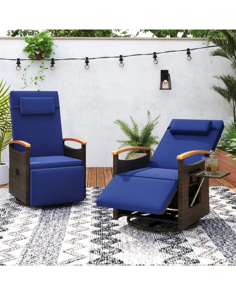 Set of 2 Patio Rattan 360° Swivel Recliner Chair with Adjustable Backrest and Footrest-Navy - Navy - Outdoor Chaise