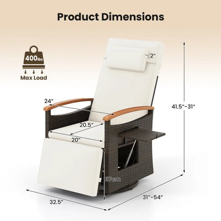 Set of 2 Patio Rattan 360° Swivel Recliner Chair with Adjustable Backrest and Footrest-White - White - Outdoor Chaise