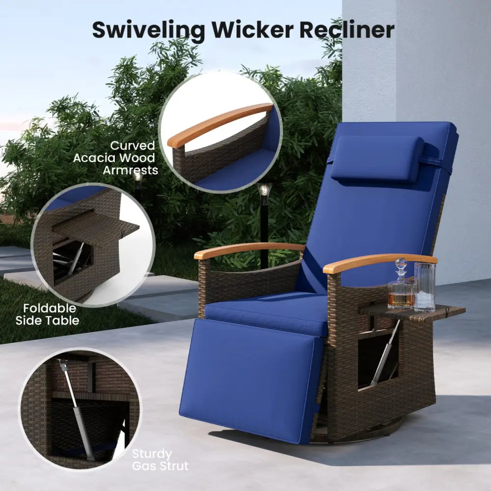 Set of 2 Patio Rattan 360° Swivel Recliner Chair with Adjustable Backrest and Footrest-Navy - Navy - Outdoor Chaise