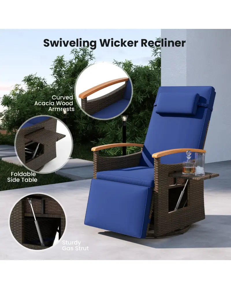 Set of 2 Patio Rattan 360° Swivel Recliner Chair with Adjustable Backrest and Footrest-Navy - Navy - Outdoor Chaise