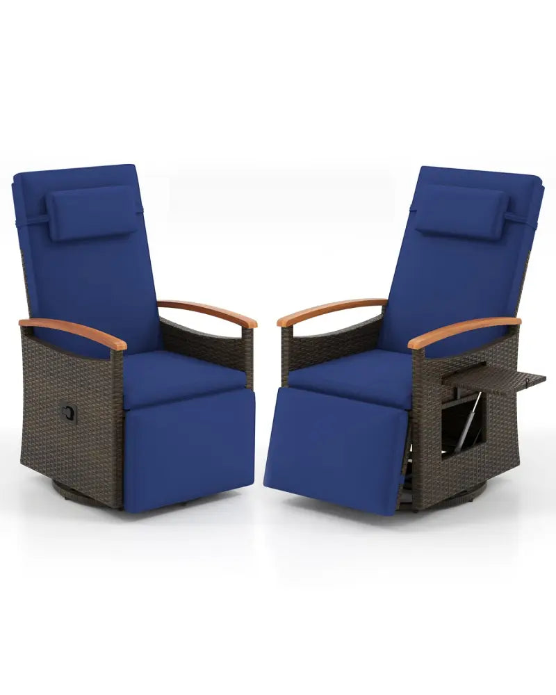 Set of 2 Patio Rattan 360° Swivel Recliner Chair with Adjustable Backrest and Footrest-Navy - Navy - Outdoor Chaise