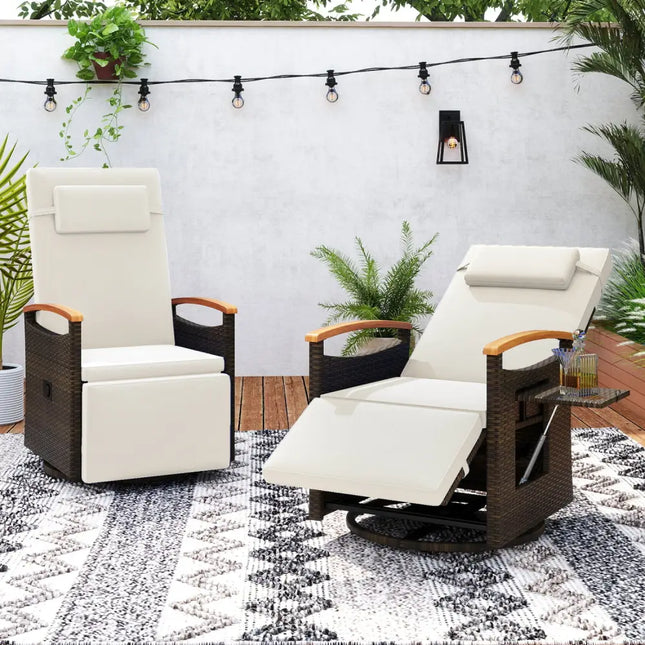 Set of 2 Patio Rattan 360° Swivel Recliner Chair with Adjustable Backrest and Footrest-White - White - Outdoor Chaise