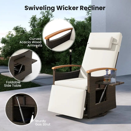 Set of 2 Patio Rattan 360° Swivel Recliner Chair with Adjustable Backrest and Footrest-White - White - Outdoor Chaise