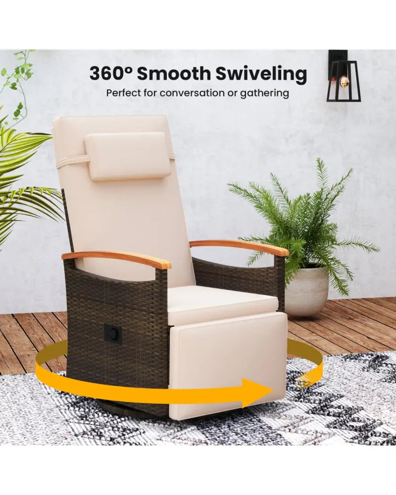 Set of 2 Patio Rattan 360° Swivel Recliner Chair with Adjustable Backrest and Footrest-Beige - Beige - Outdoor Chaise
