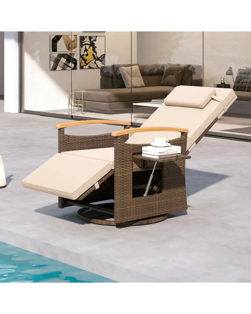 Set of 2 Patio Rattan 360° Swivel Recliner Chair with Adjustable Backrest and Footrest-Beige - Beige - Outdoor Chaise