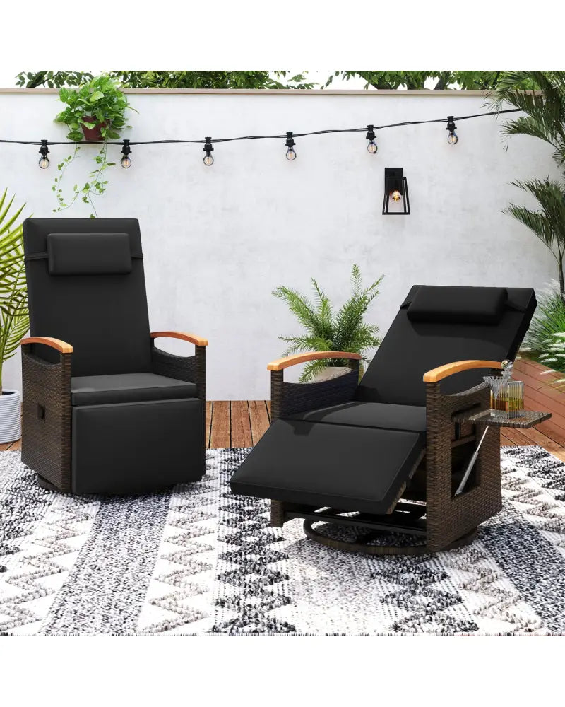 Set of 2 Patio Rattan 360° Swivel Recliner Chair with Adjustable Backrest and Footrest-Black - Black - Outdoor Chaise