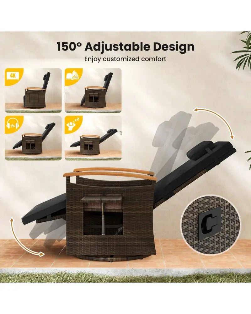 Set of 2 Patio Rattan 360° Swivel Recliner Chair with Adjustable Backrest and Footrest-Black - Black - Outdoor Chaise