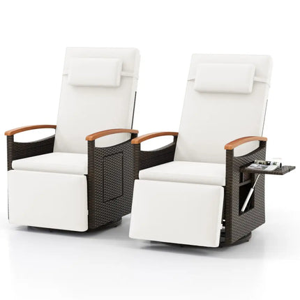Set of 2 Patio Rattan 360° Swivel Recliner Chair with Adjustable Backrest and Footrest-White - White - Outdoor Chaise