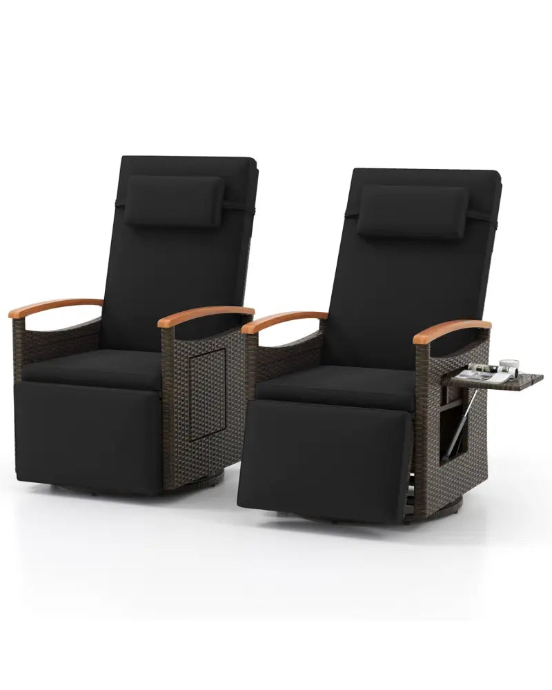 Set of 2 Patio Rattan 360° Swivel Recliner Chair with Adjustable Backrest and Footrest-Black - Black - Outdoor Chaise