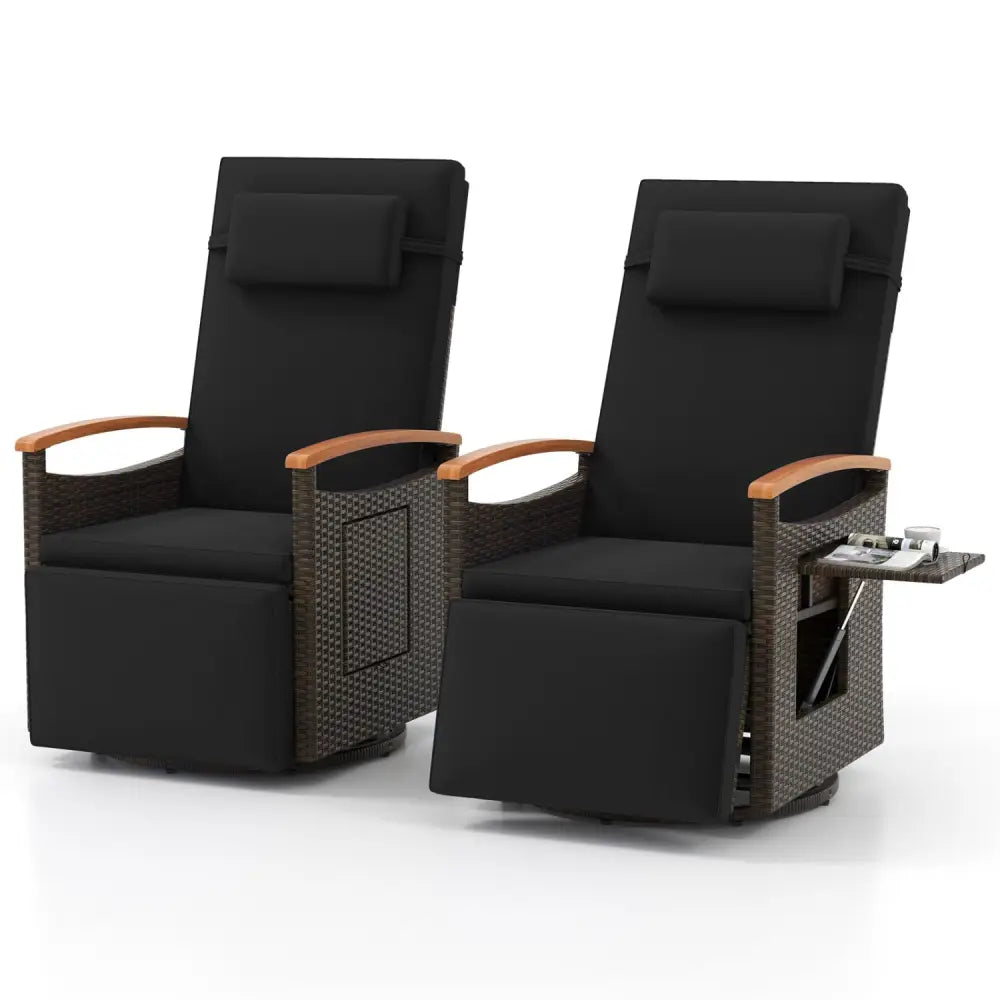 Set of 2 Patio Rattan 360° Swivel Recliner Chair with Adjustable Backrest and Footrest-Black - Black - Outdoor Chaise